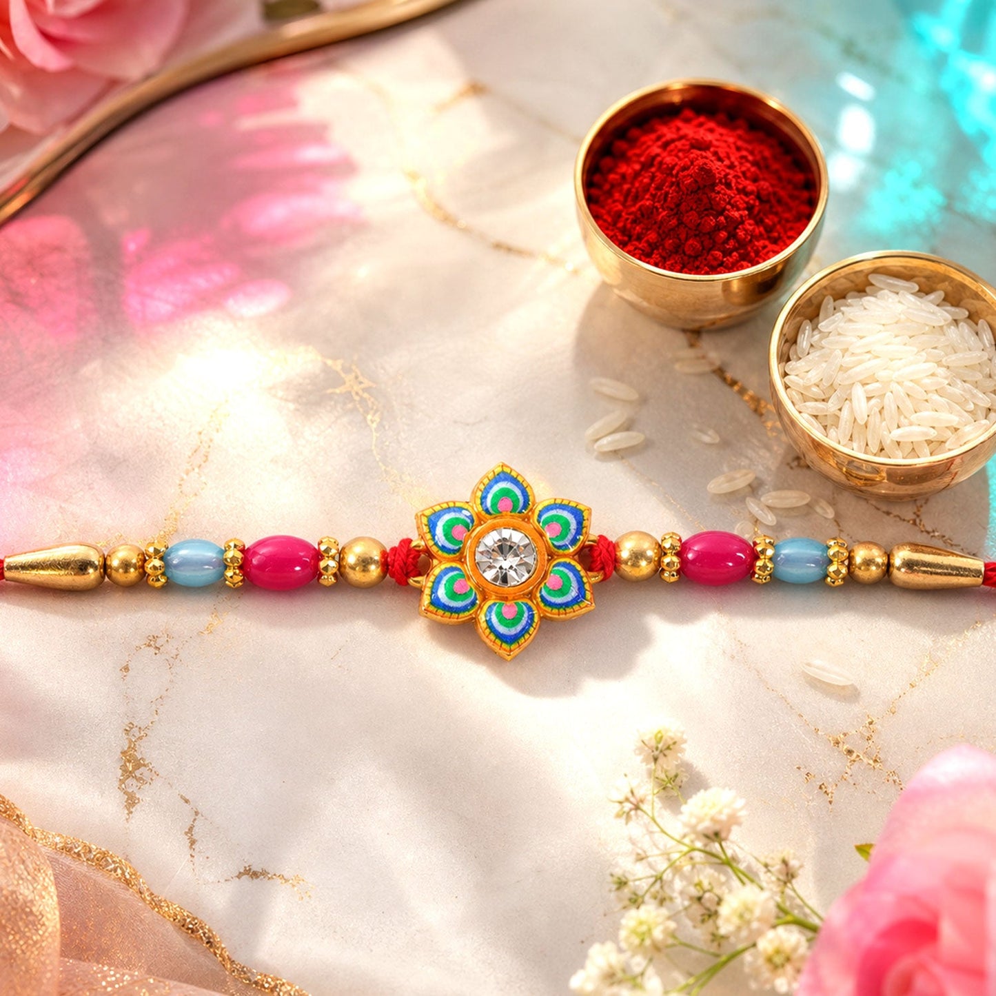 Meenakari Floral Morpankh theme Crystal Golden Beads Rakhi for Brother