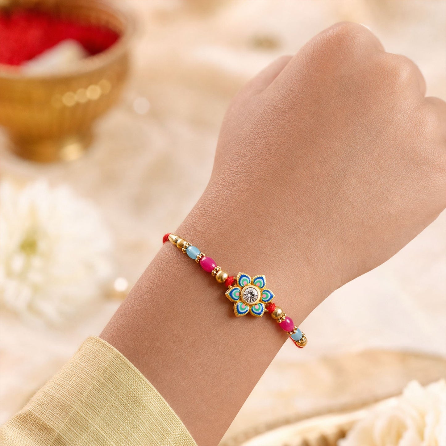 Meenakari Floral Morpankh theme Crystal Golden Beads Rakhi for Brother