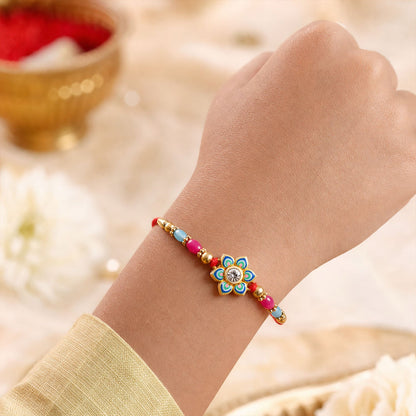 Meenakari Floral Morpankh theme Crystal Golden Beads Rakhi for Brother