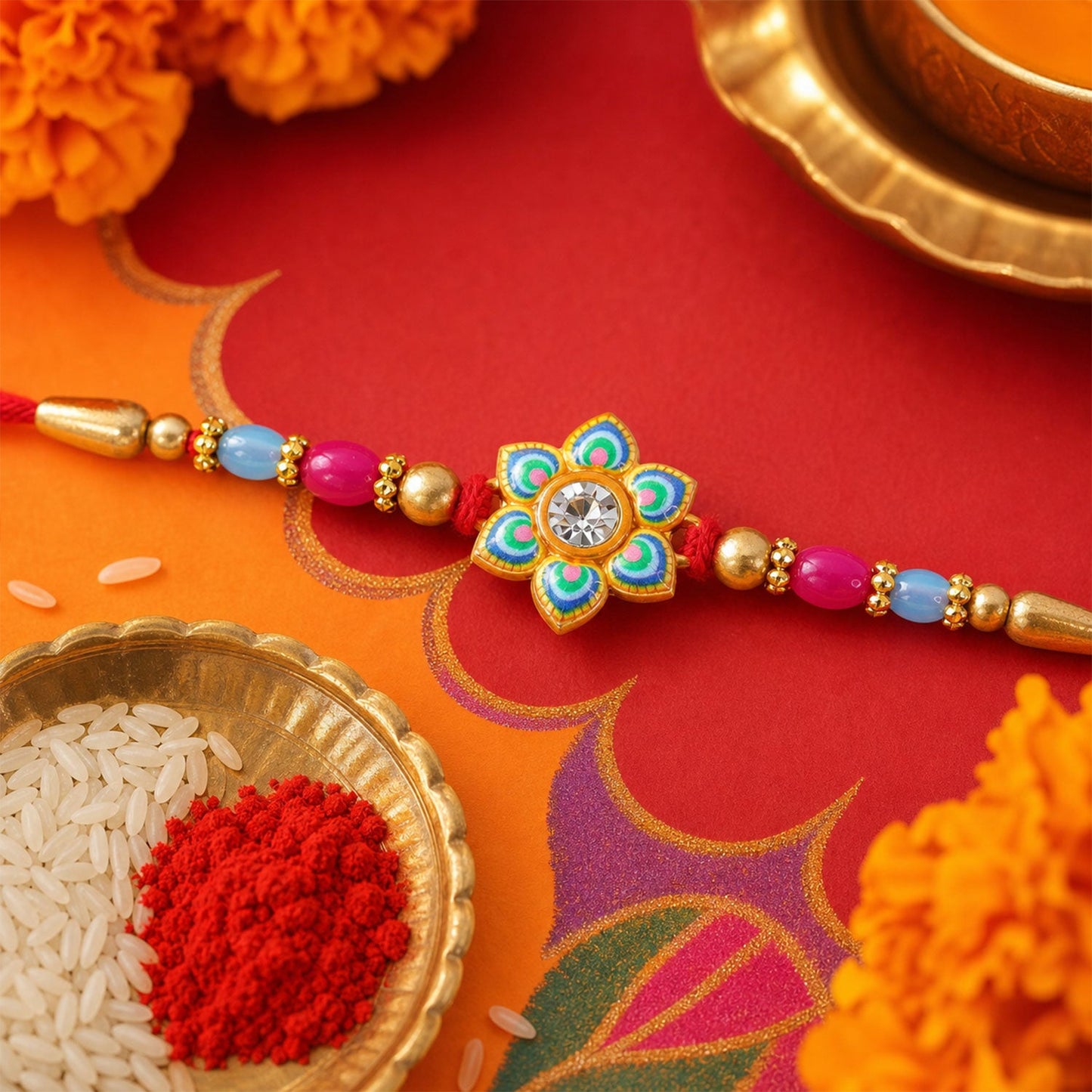 Meenakari Floral Morpankh theme Crystal Golden Beads Rakhi for Brother
