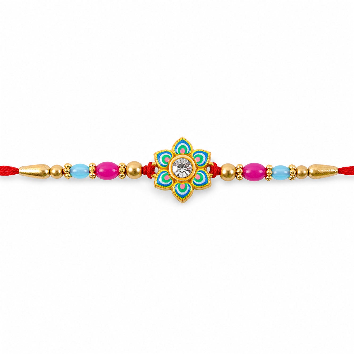 Meenakari Floral Morpankh theme Crystal Golden Beads Rakhi for Brother