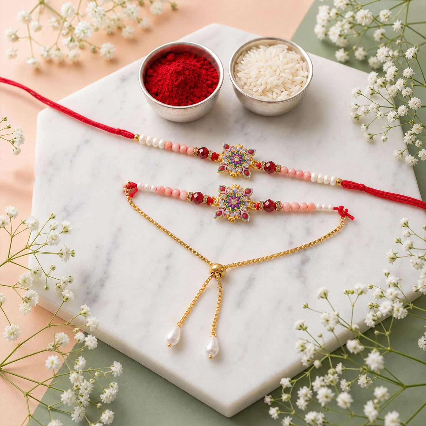 Premium Floral Stone Lumba Set Beaded Designer Set Bhabhi Rakhi