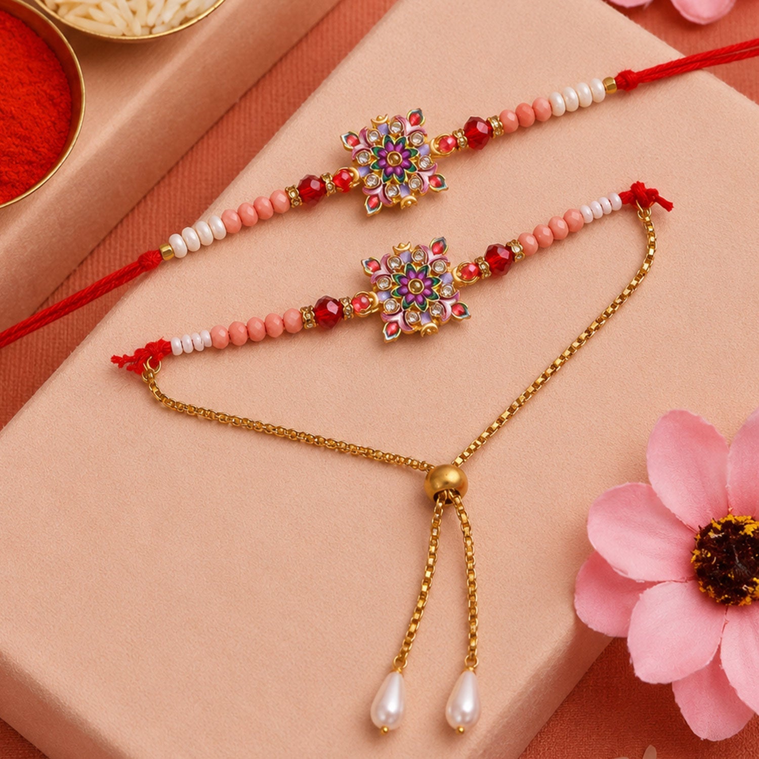 Premium Floral Stone Lumba Set Beaded Designer Set Bhabhi Rakhi
