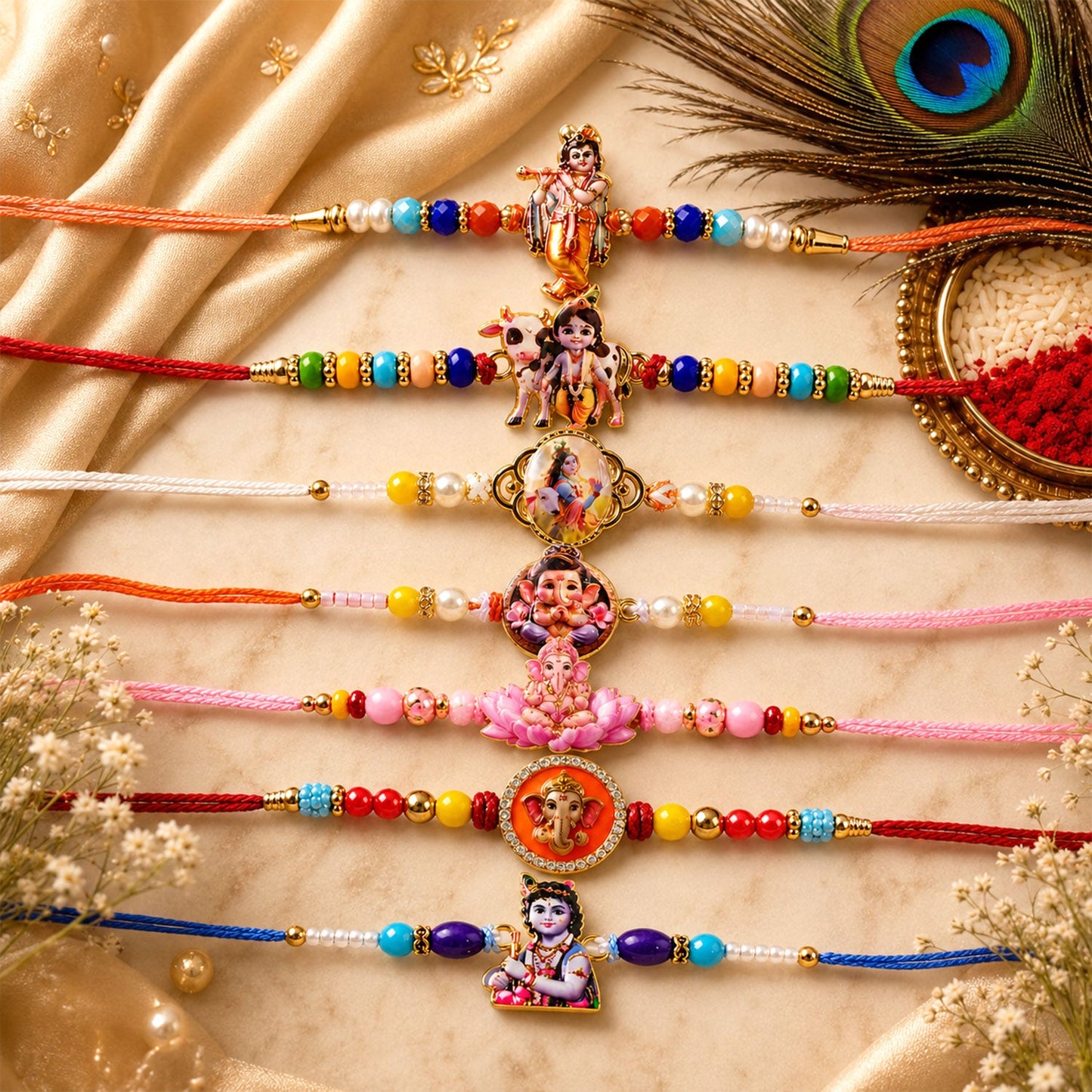 Devotional Designer Rakhi Combo Set for Raksha Bandhan (7 Pc)