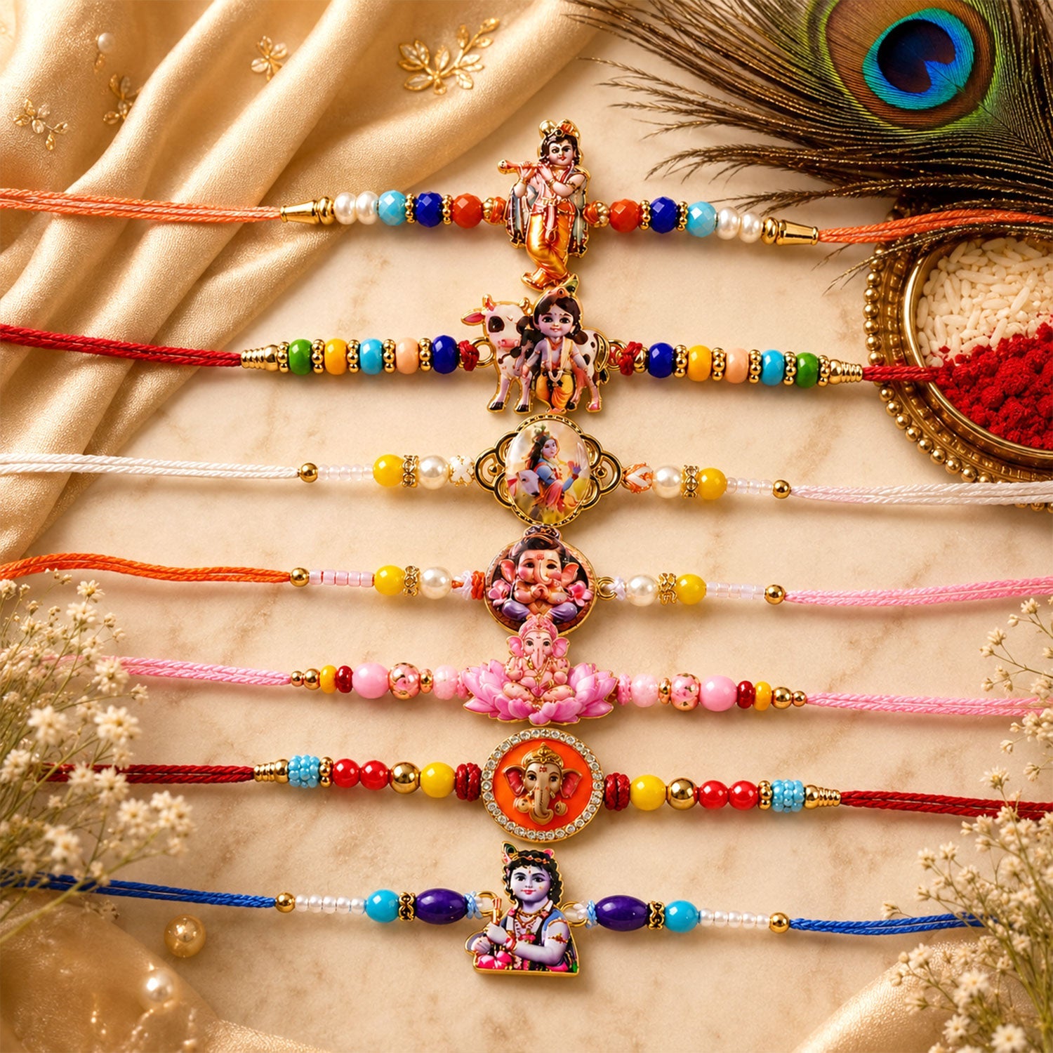 Devotional Designer Rakhi Combo Set for Raksha Bandhan (7 Pc)