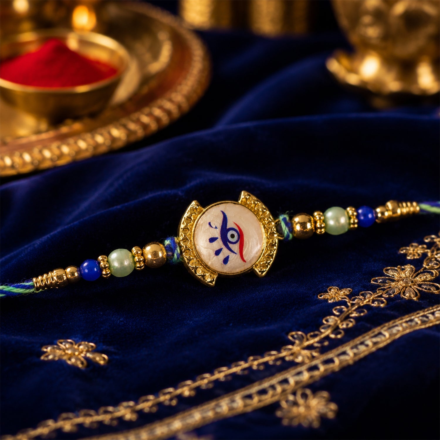 Nazar Evil Eye Mother of Pearl Shell Golden Beads Designer Rakhi