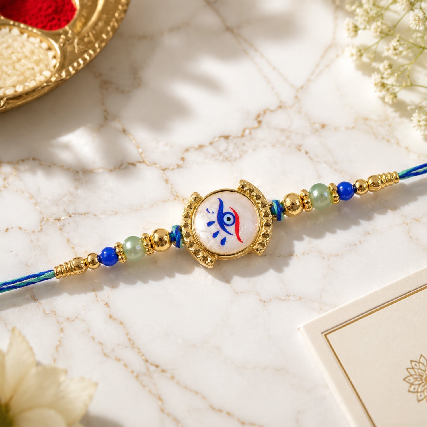 Nazar Evil Eye Mother of Pearl Shell Golden Beads Designer Rakhi