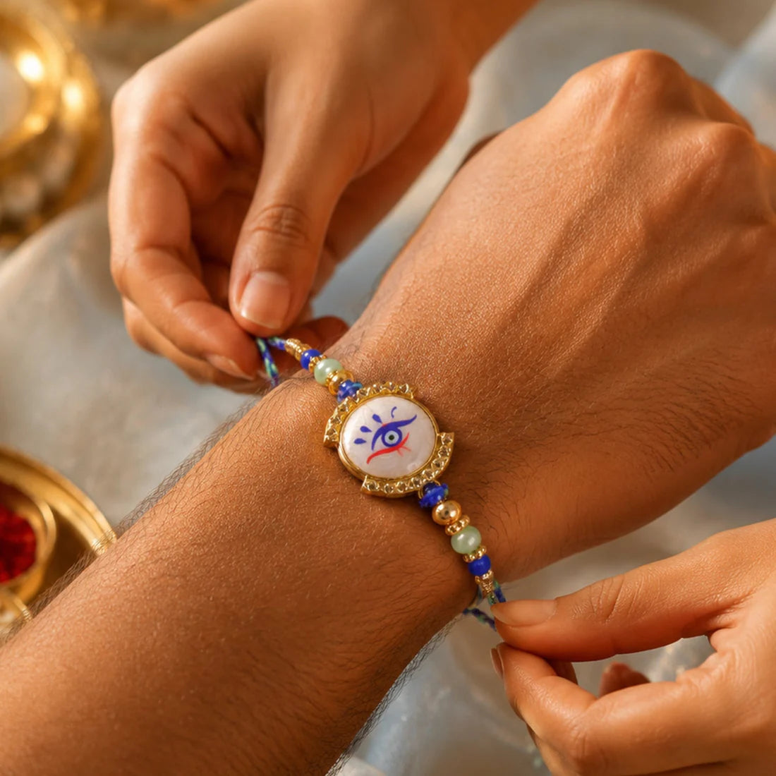 Nazar Evil Eye Mother of Pearl Shell Golden Beads Designer Rakhi