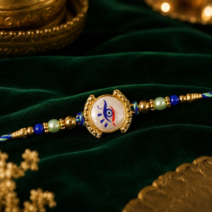 Nazar Evil Eye Mother of Pearl Shell Golden Beads Designer Rakhi