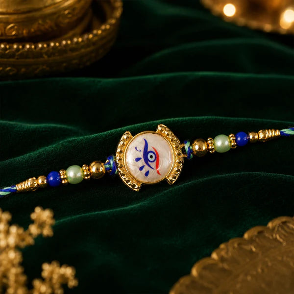 Nazar Evil Eye Mother of Pearl Shell Golden Beads Designer Rakhi