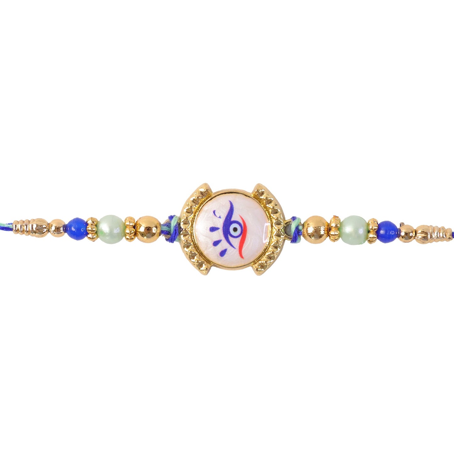Nazar Evil Eye Mother of Pearl Shell Golden Beads Designer Rakhi