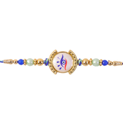 Nazar Evil Eye Mother of Pearl Shell Golden Beads Designer Rakhi