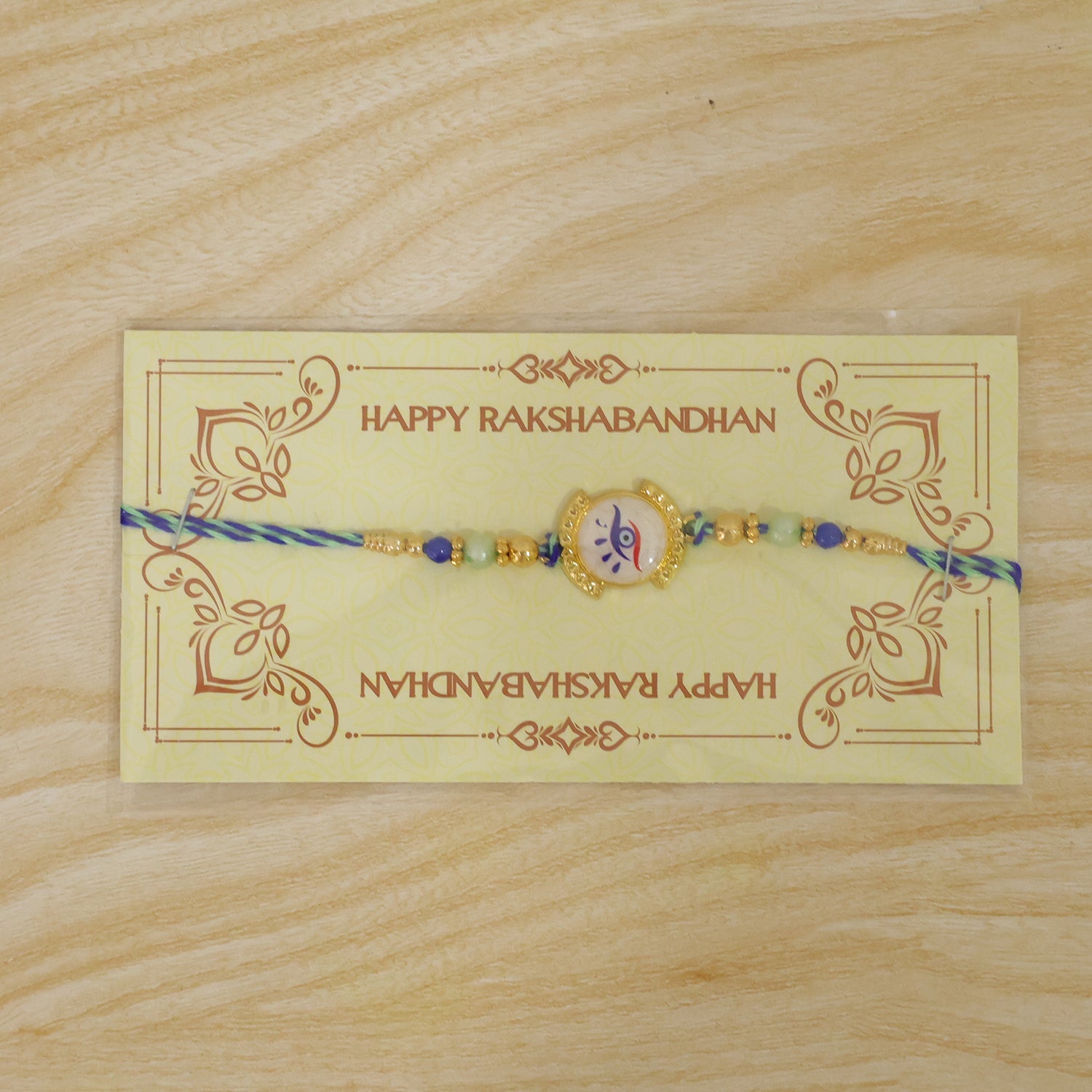 Nazar Evil Eye Mother of Pearl Shell Golden Beads Designer Rakhi
