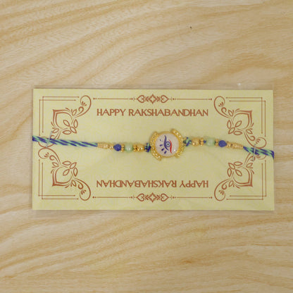 Nazar Evil Eye Mother of Pearl Shell Golden Beads Designer Rakhi