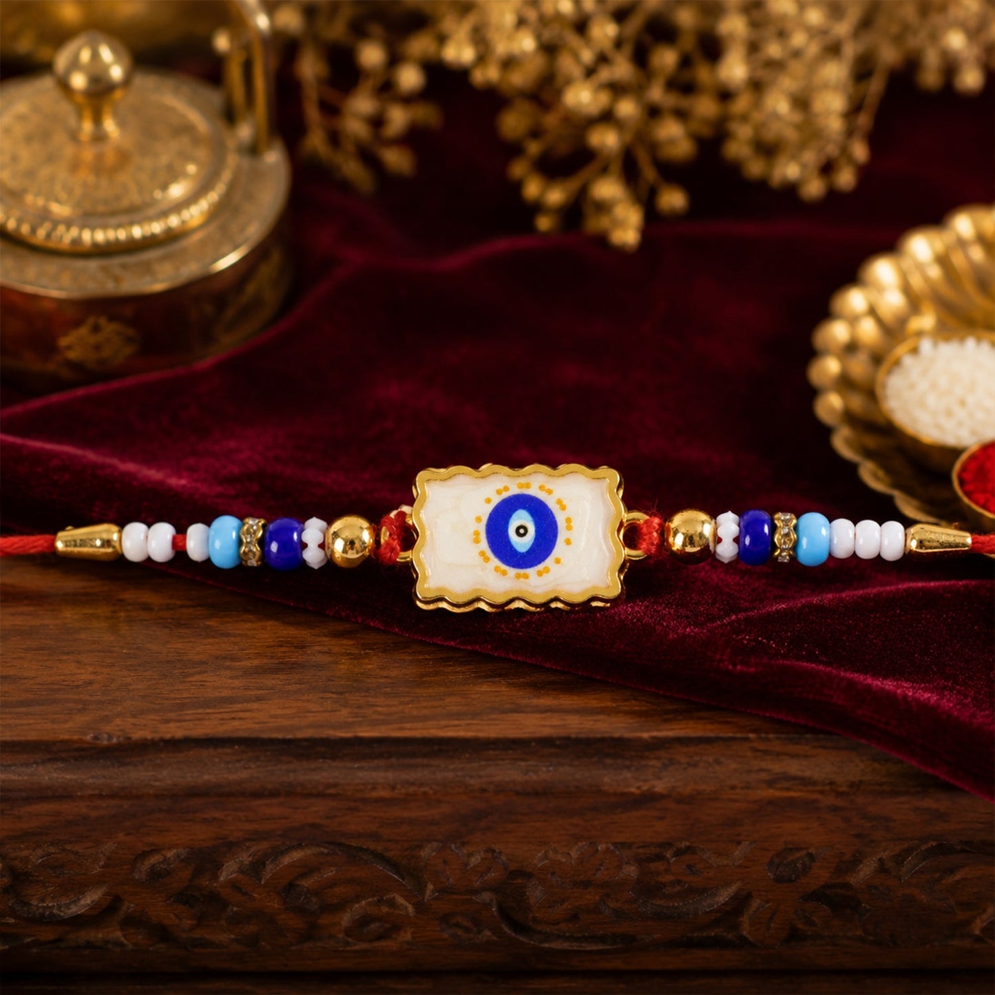 Evil Eye Square Charm Beaded Designer Rakhi Raksha Bandhan Style