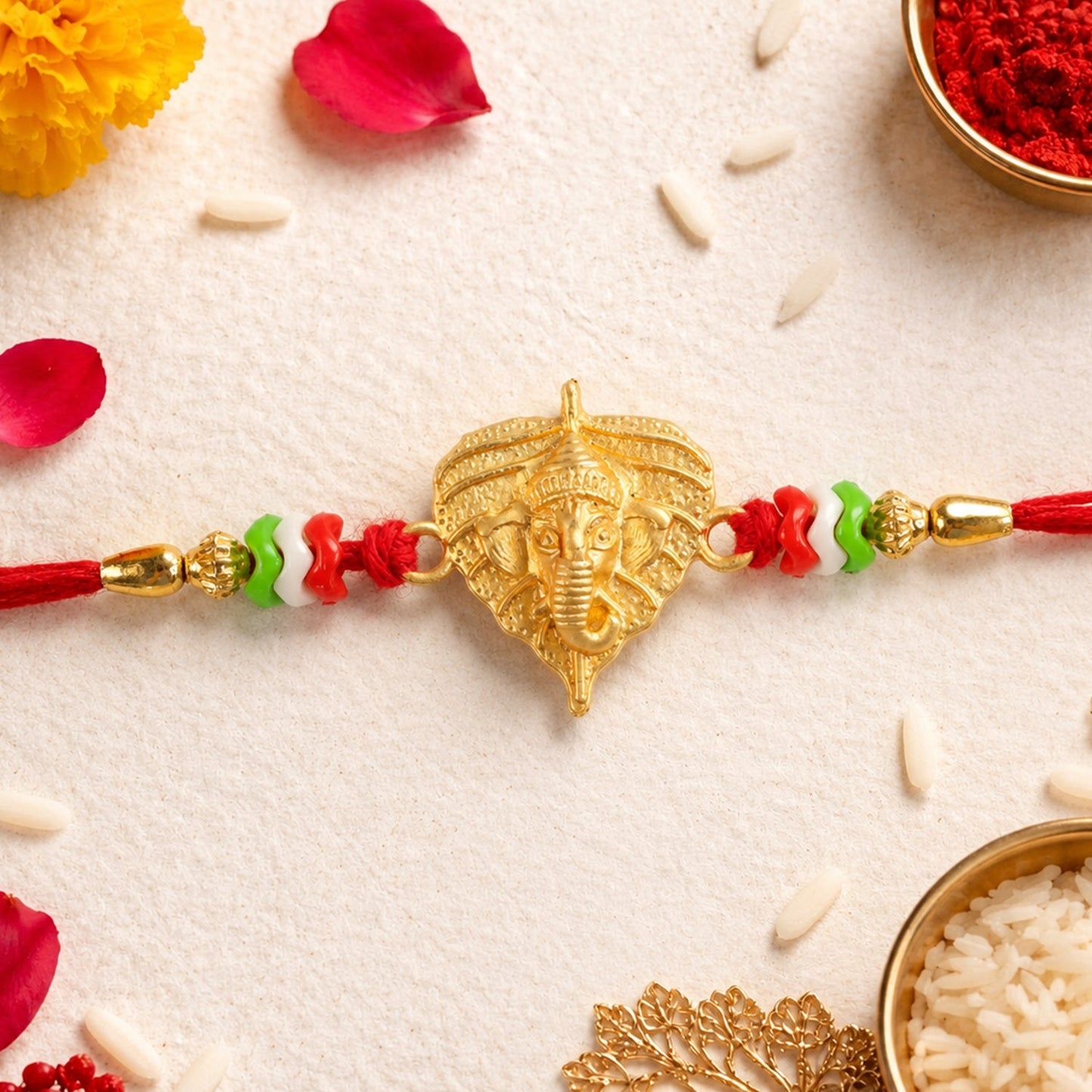 Golden Ganesh Paan Leaf Multicolor Beads Traditional Rakhi