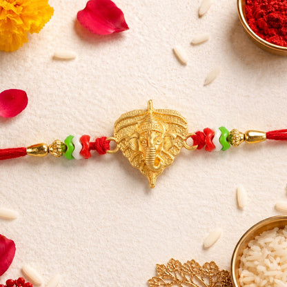 Golden Ganesh Paan Leaf Multicolor Beads Traditional Rakhi