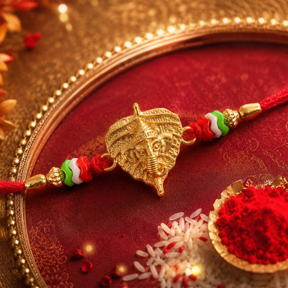 Golden Ganesh Paan Leaf Multicolor Beads Traditional Rakhi