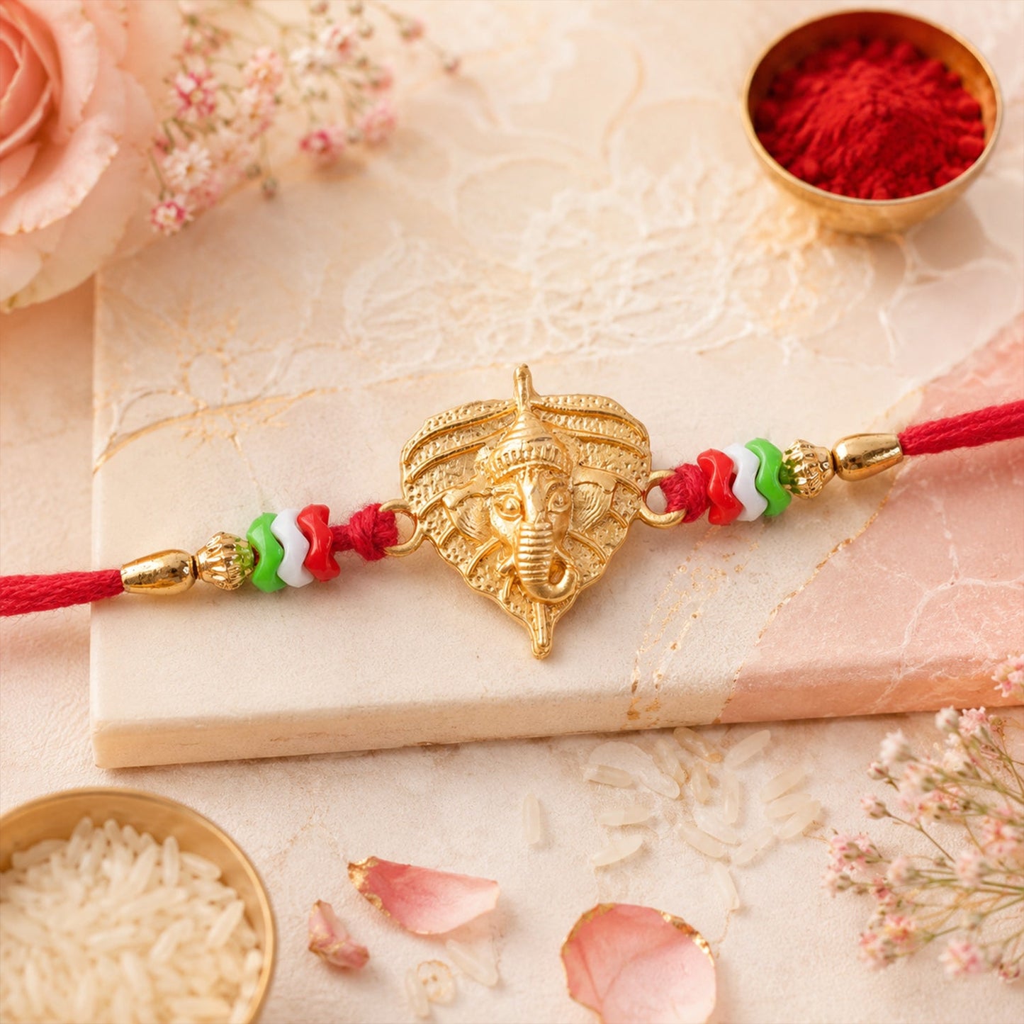 Golden Ganesh Paan Leaf Multicolor Beads Traditional Rakhi