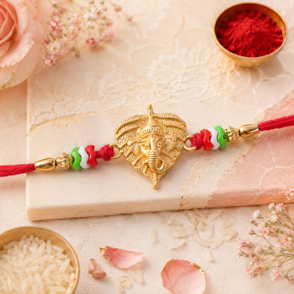 Golden Ganesh Paan Leaf Multicolor Beads Traditional Rakhi