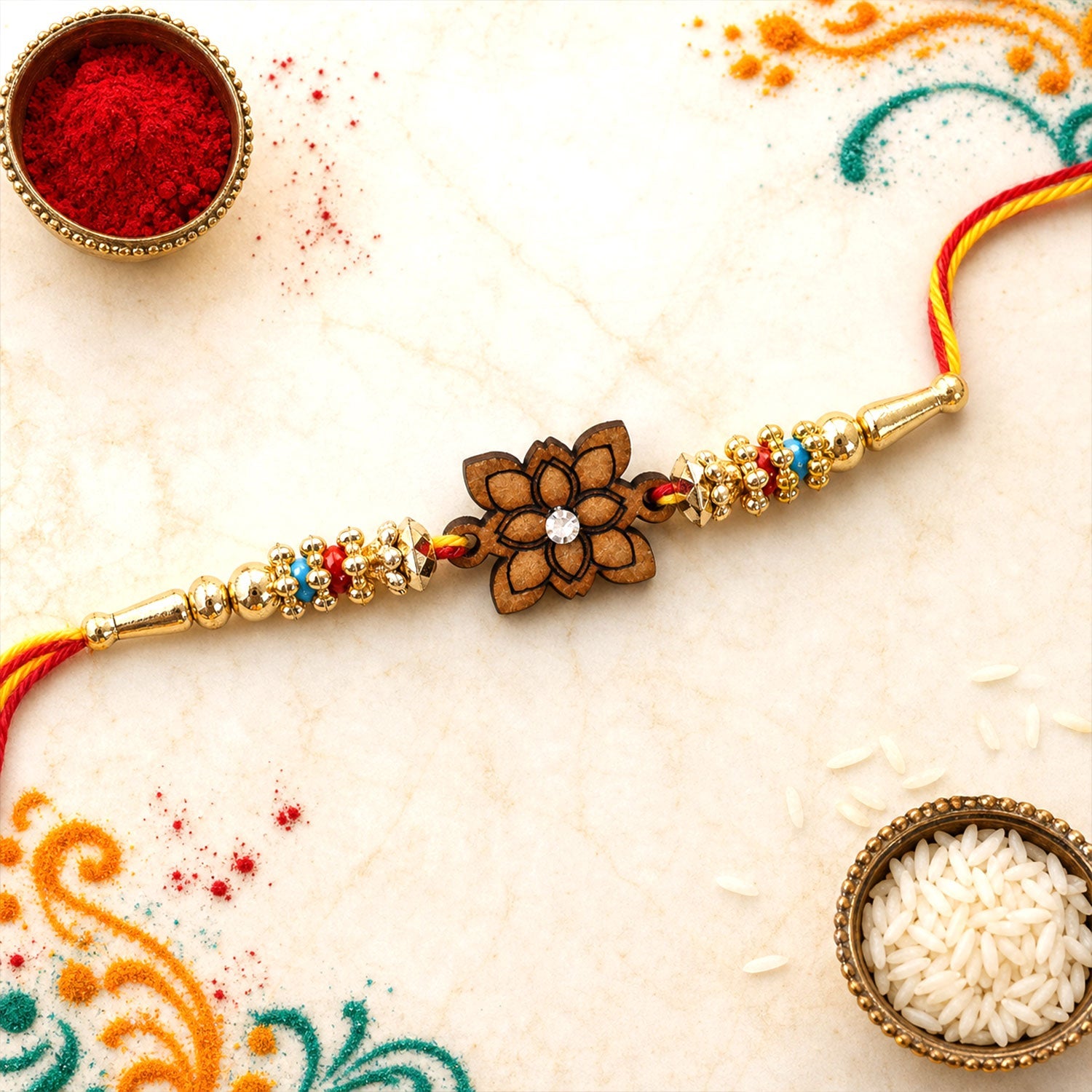 Square Floral Charm Beaded Rakhi Raksha Bandhan Designer Gift