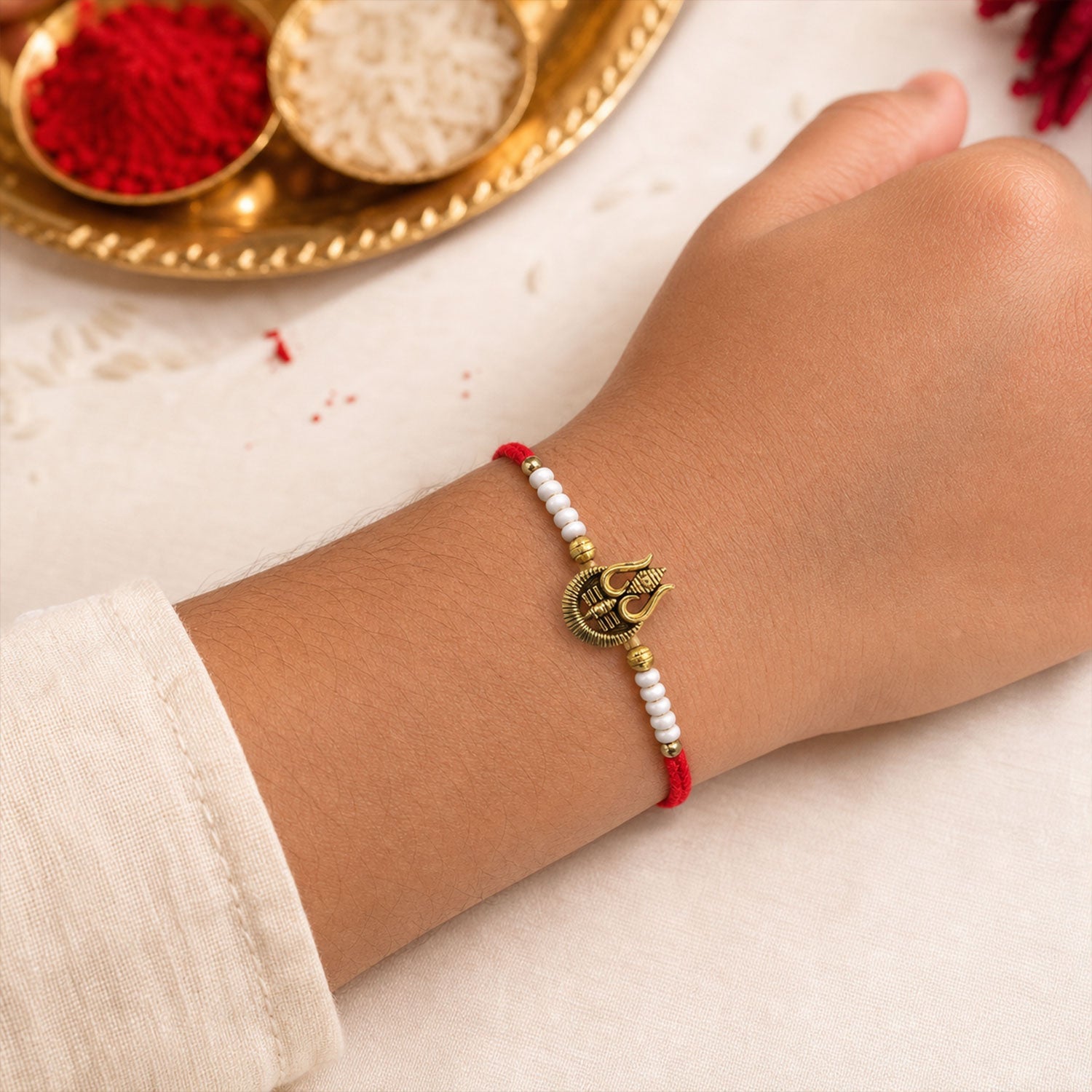 Trishul Charm Pearl Beaded Rakhi Raksha Bandhan Traditional Gift
