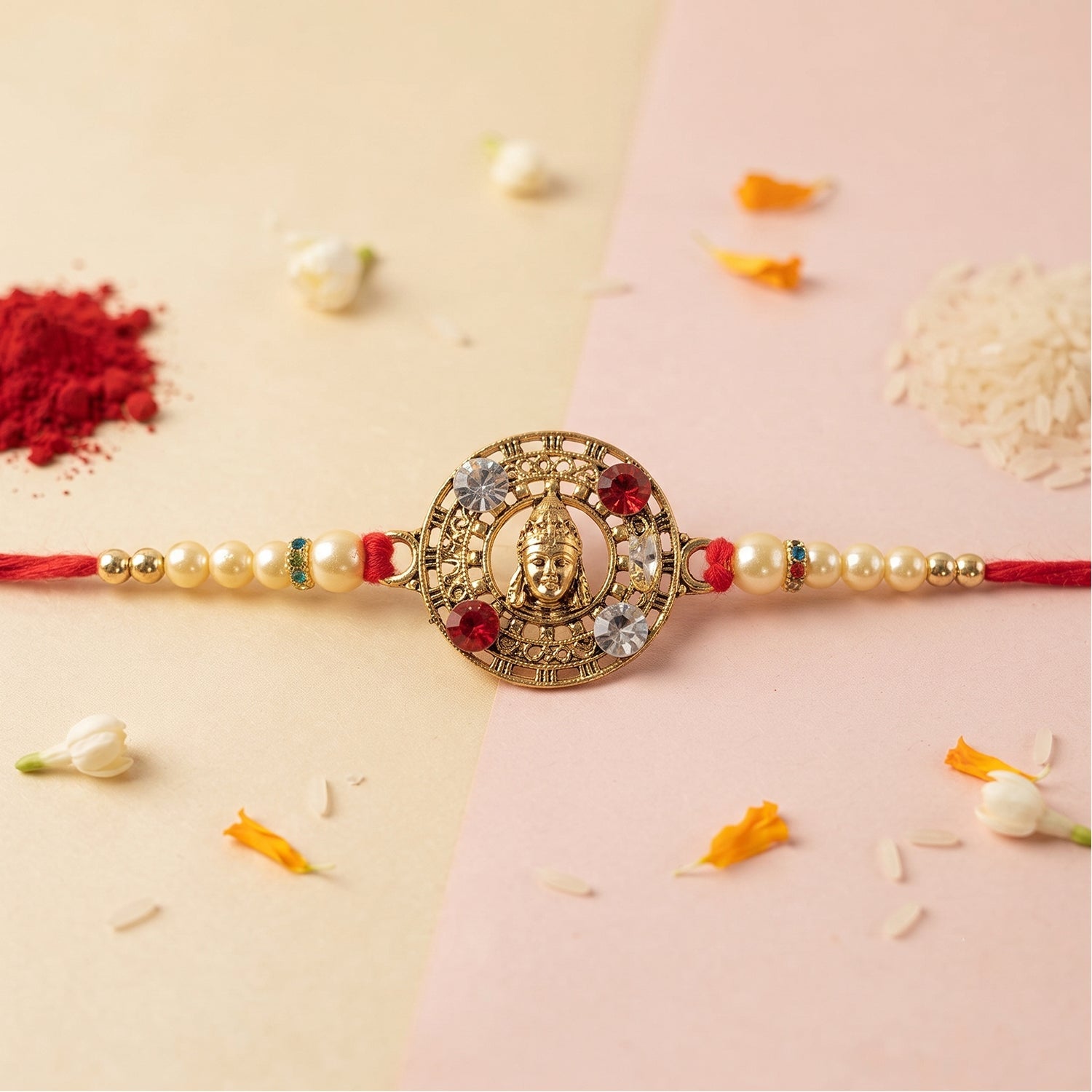 Divine Round Motif Pearl Rakhi Raksha Bandhan Traditional Gift