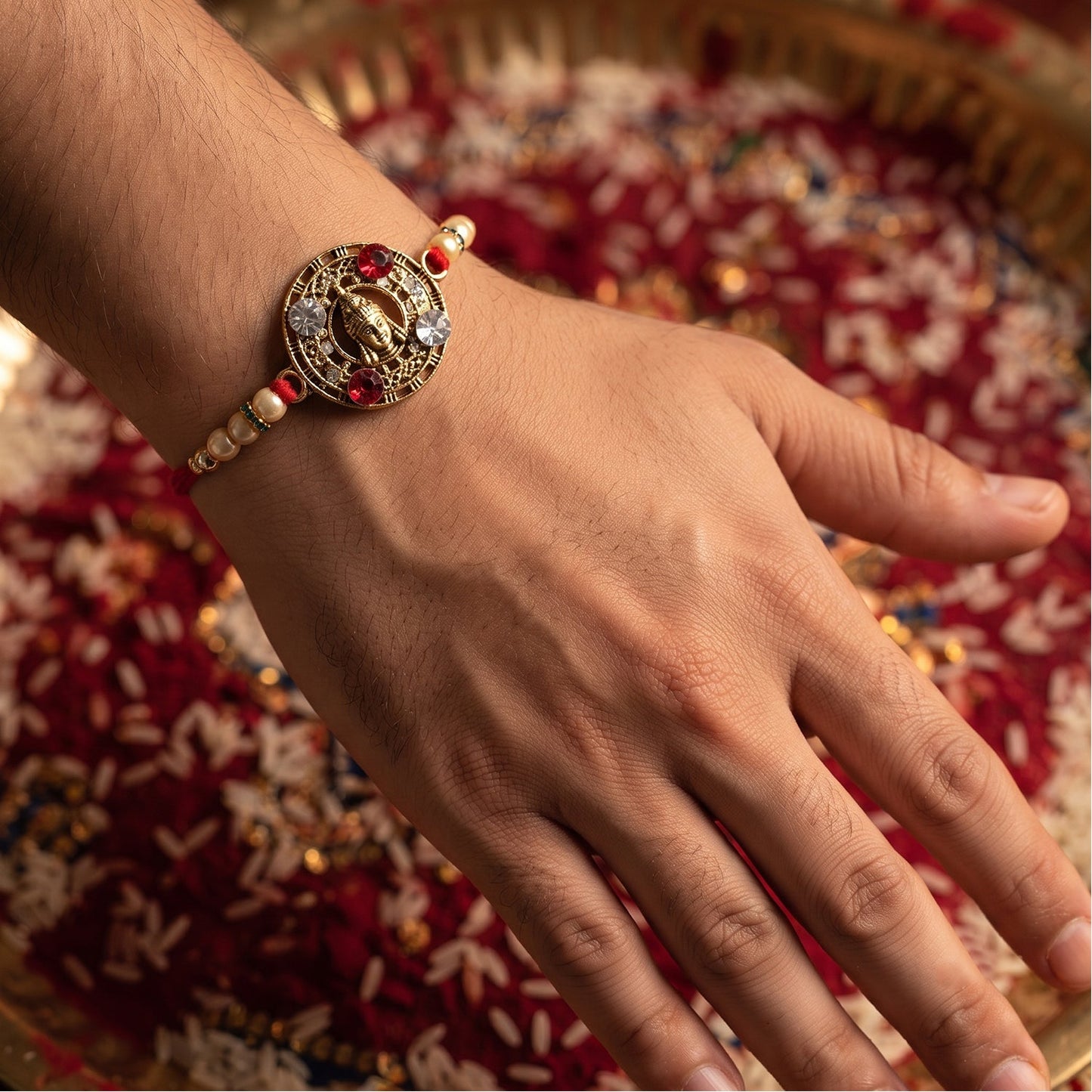 Divine Round Motif Pearl Rakhi Raksha Bandhan Traditional Gift
