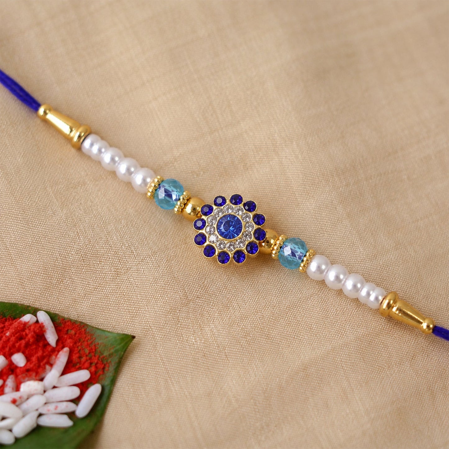 Sparkling Floral Diamond Stone Pearl Crystal Beads Fancy Rakhi