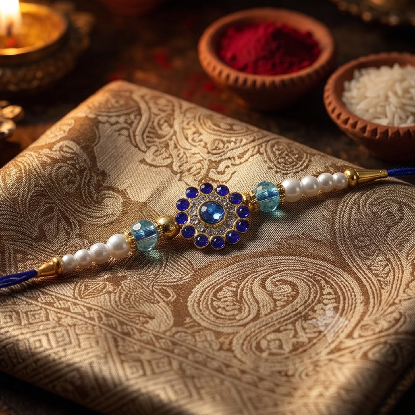 Sparkling Floral Diamond Stone Pearl Crystal Beads Fancy Rakhi