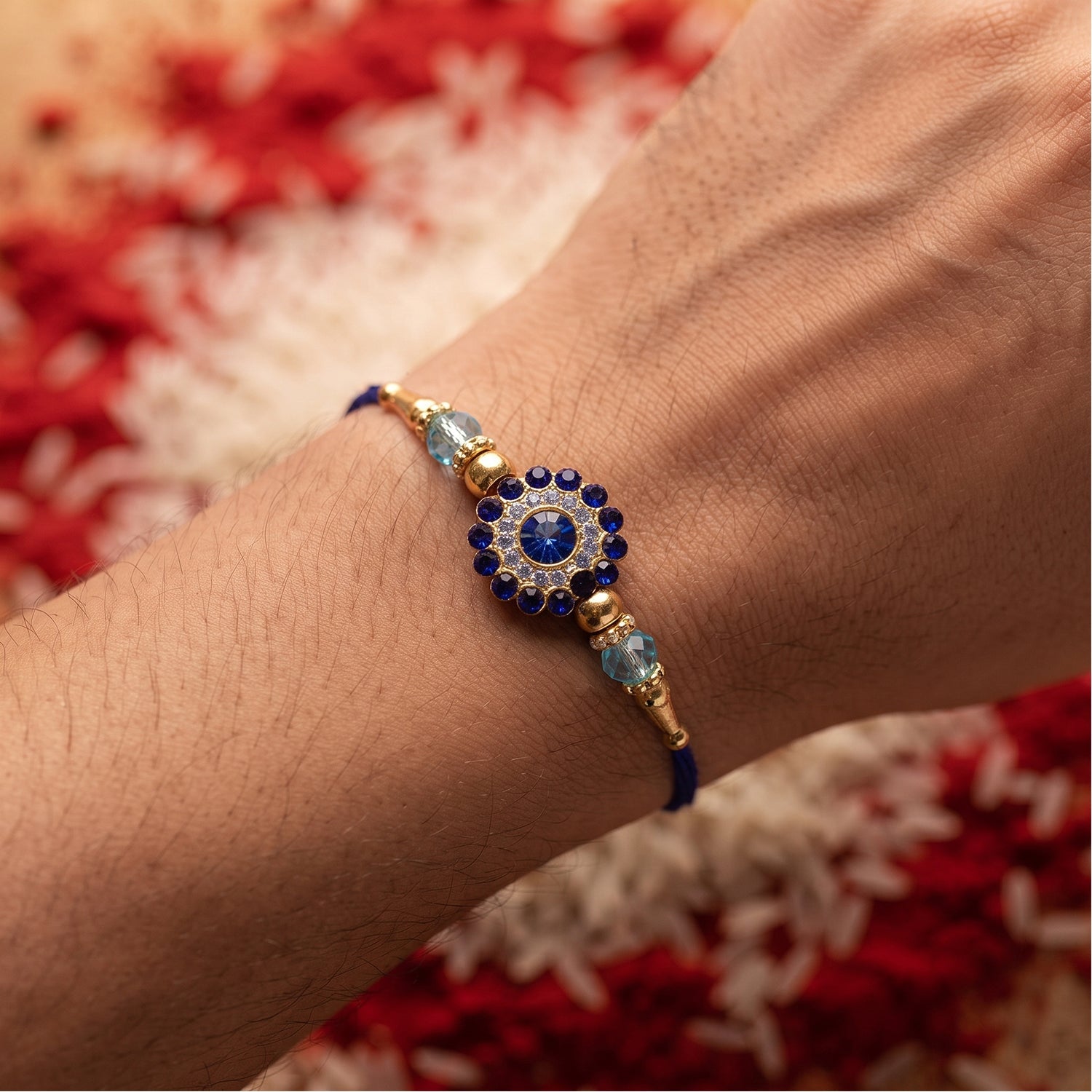 Sparkling Floral Diamond Stone Pearl Crystal Beads Fancy Rakhi