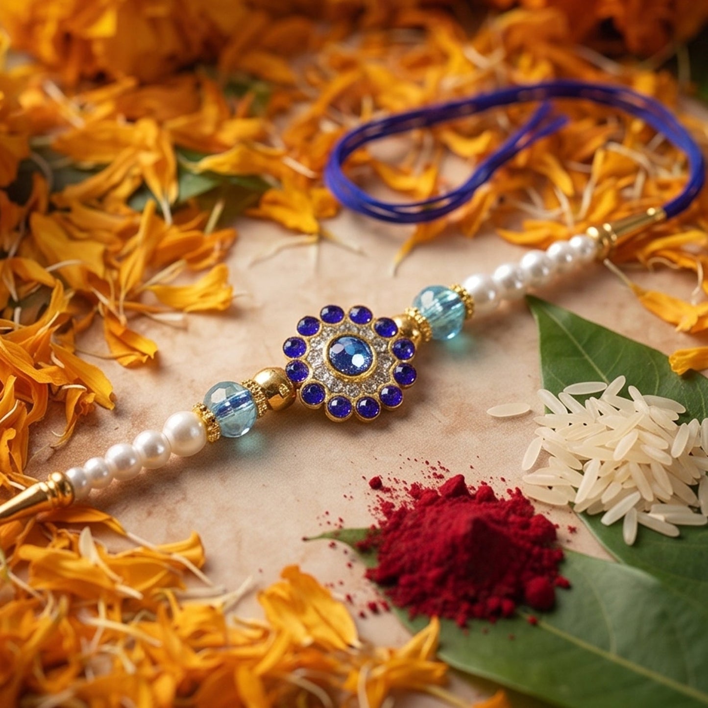 Sparkling Floral Diamond Stone Pearl Crystal Beads Fancy Rakhi