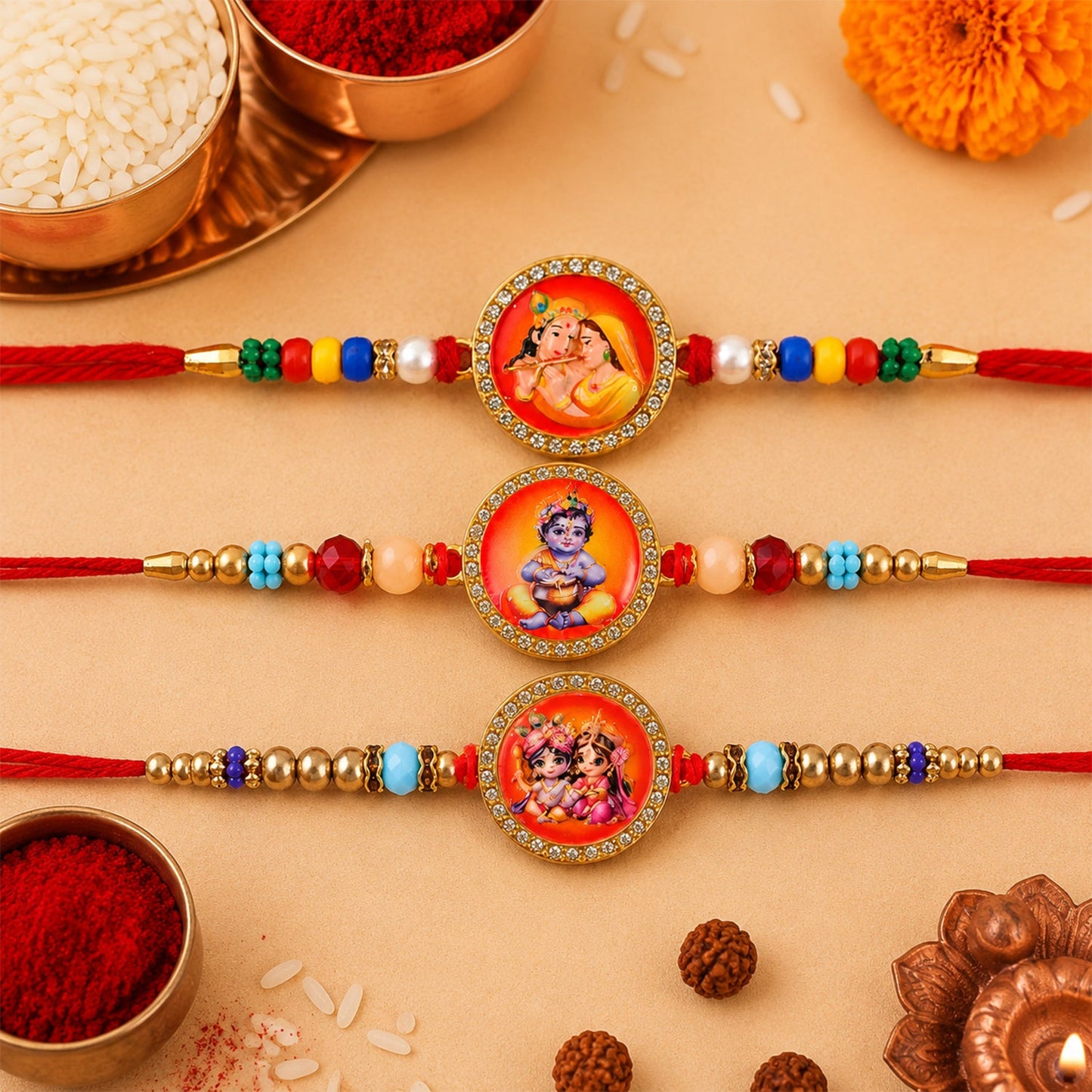 Ganesh Krishna Devotional Rakhi Combo Set Raksha Bandhan (3 Pc)