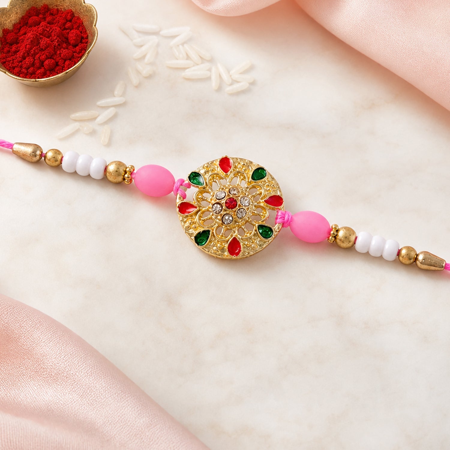 Round Floral Kundan Rakhi with Beads for Raksha Bandhan Special