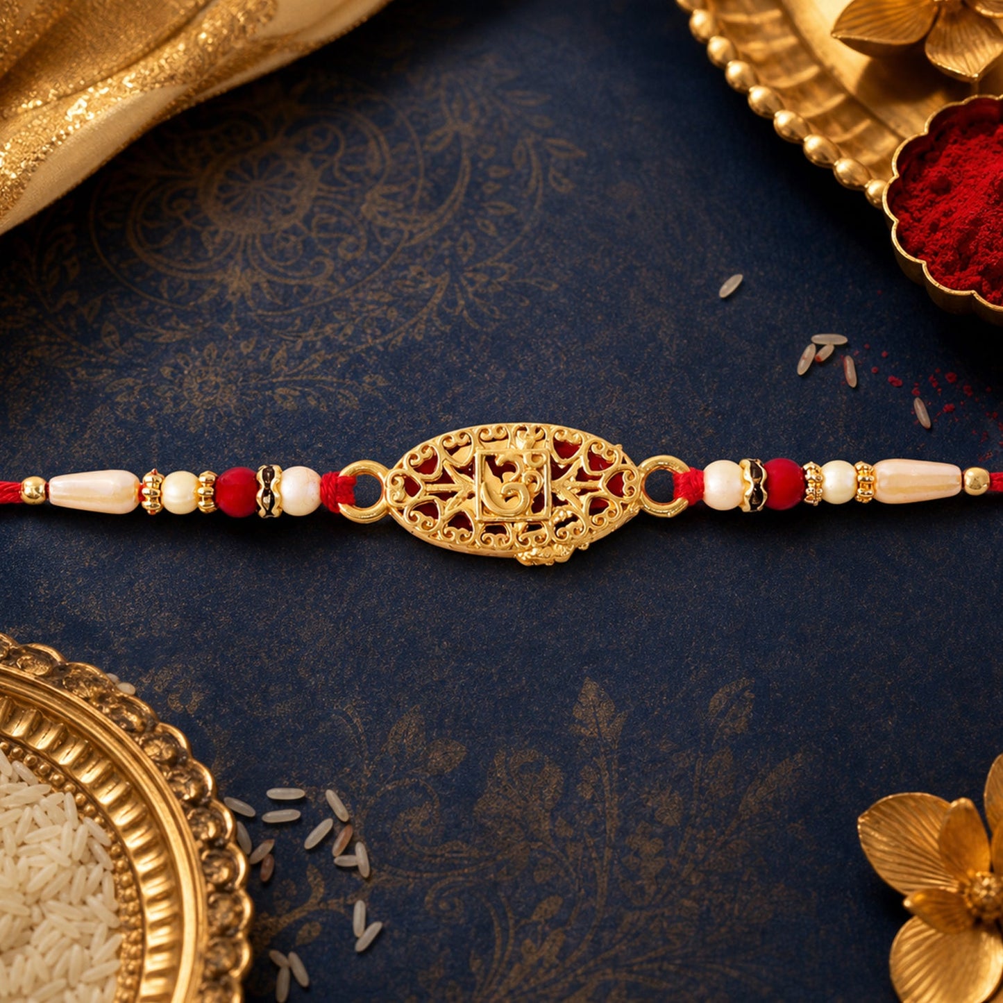 Leaf Pattern Om Charm Traditional Rakhi with Beads for Raksha Bandhan