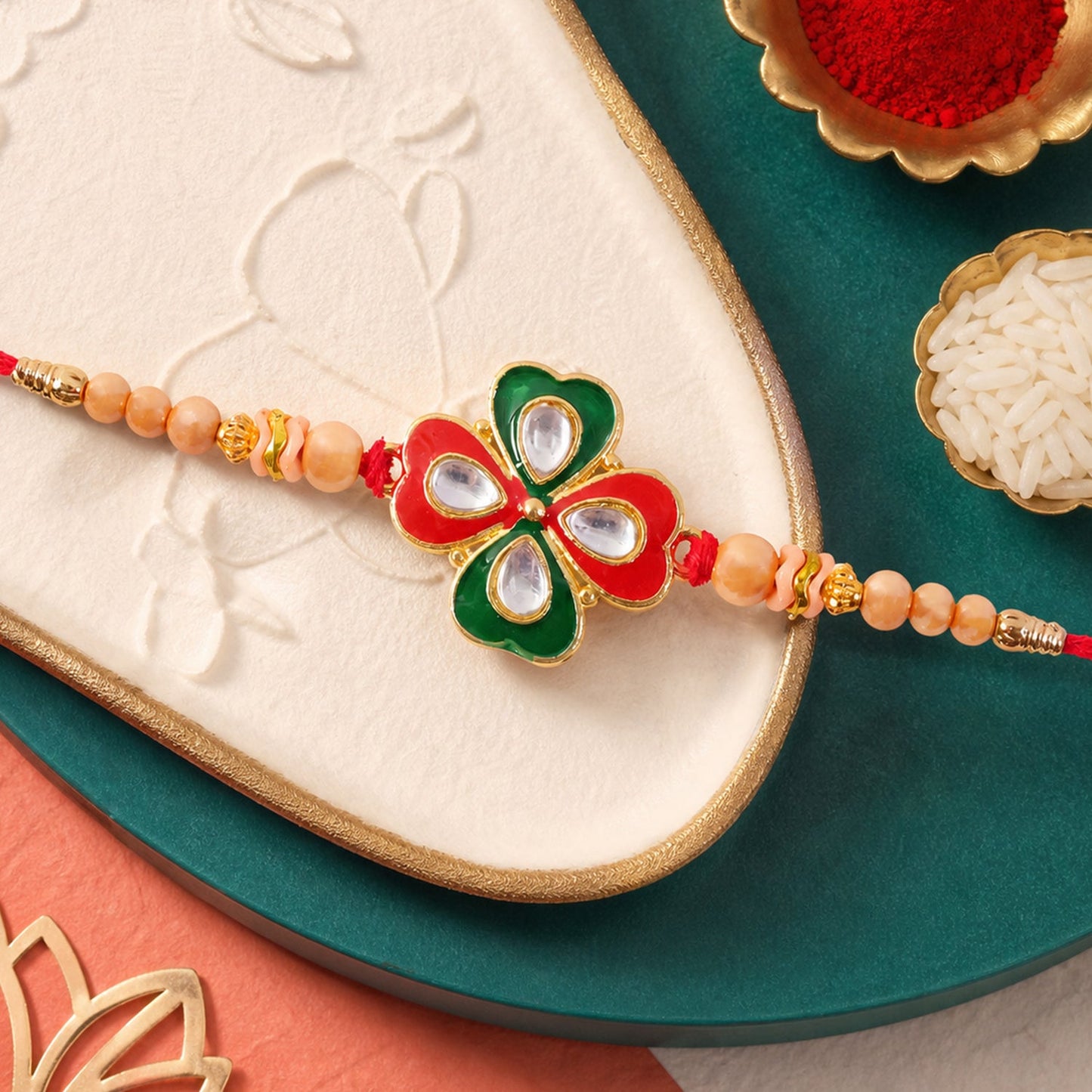 Traditional Floral Designer Rakhi with Kundan Centerpiece