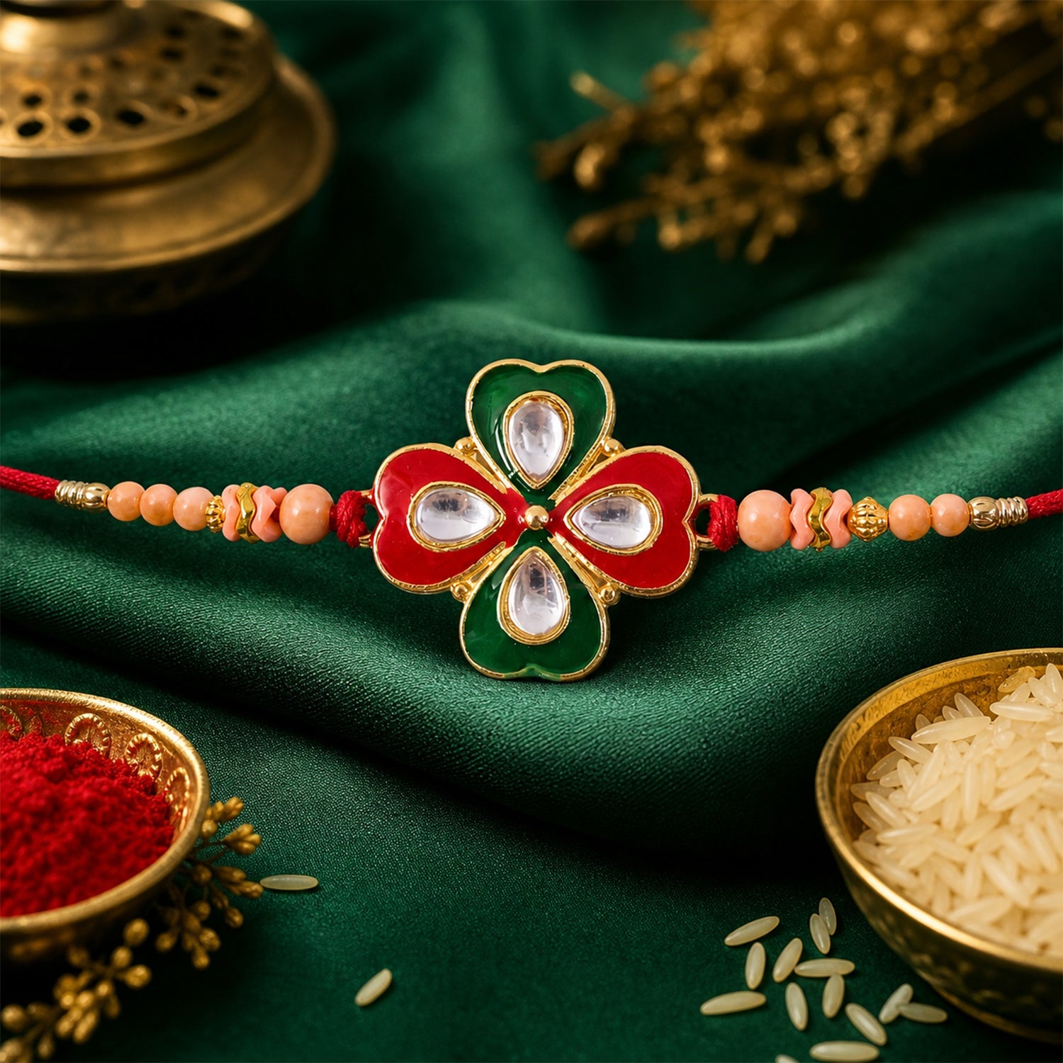 Traditional Floral Designer Rakhi with Kundan Centerpiece