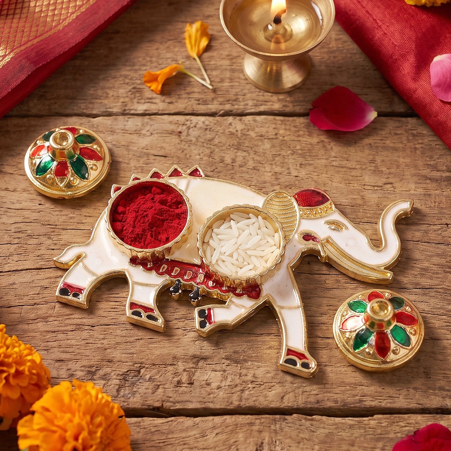Decorative Elephant Shape Double Kumkum Roli Chawal Dish (1 Pc)