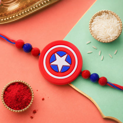 Superhero Shield Kids Rakhi with Playful Beaded Detailing Work