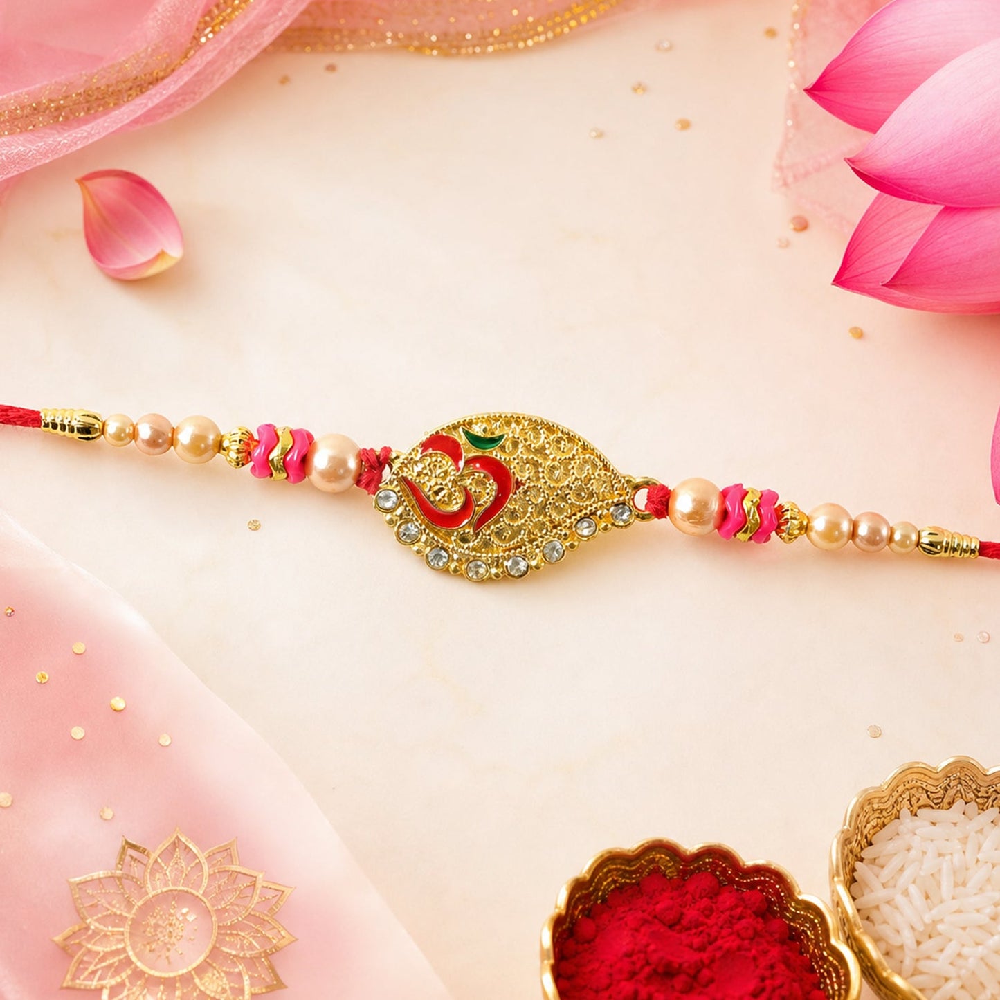 Paisley Om Stone Designer Rakhi with Pearl Beaded Festive Detail