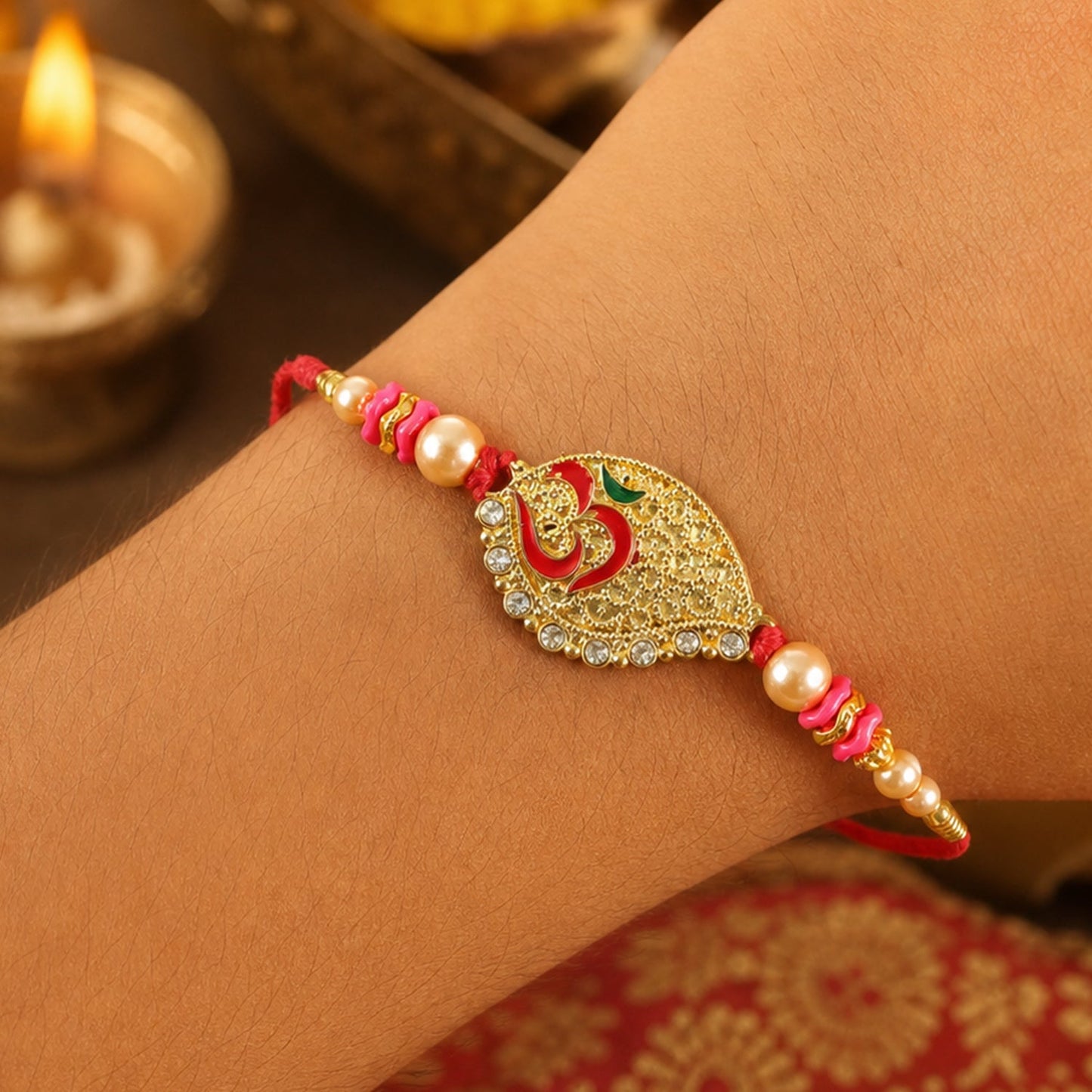 Paisley Om Stone Designer Rakhi with Pearl Beaded Festive Detail