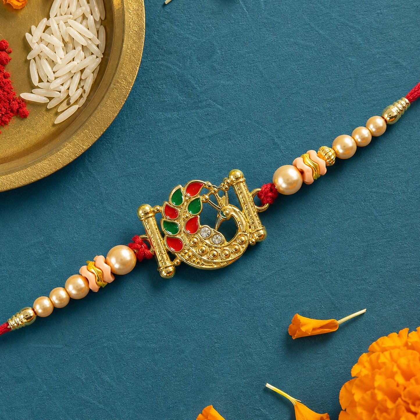 Peacock Stone Designer Rakhi with Pearl Beaded Traditional Look