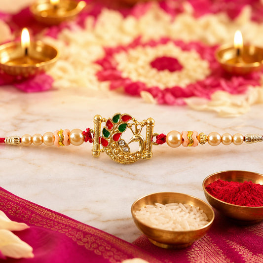 Peacock Stone Designer Rakhi with Pearl Beaded Traditional Look