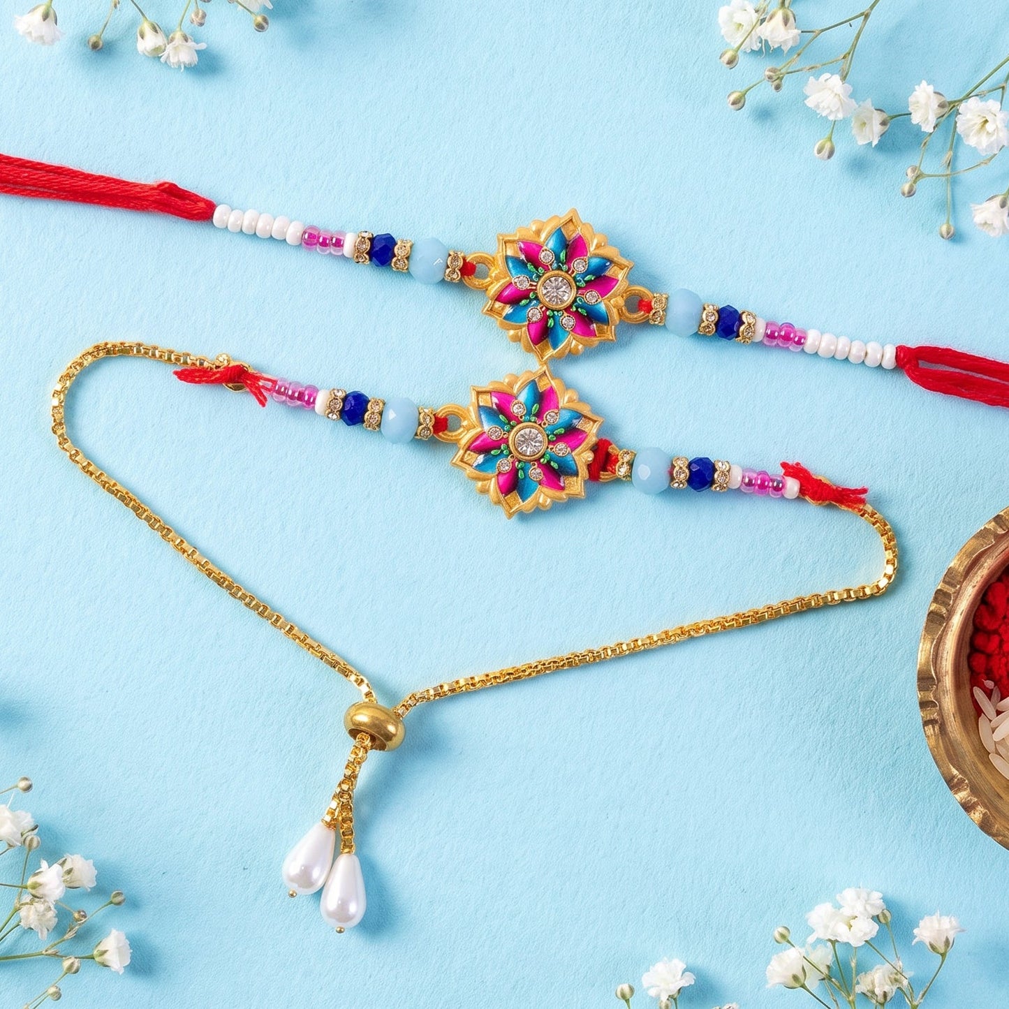 Premium Lumba Bhabhi Rakhi with Floral Beads Festive Pair Set