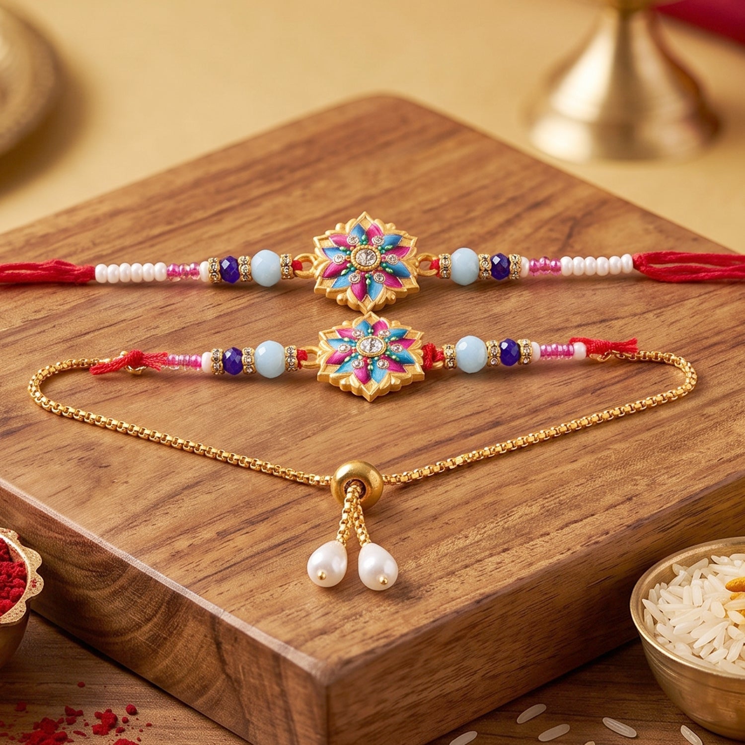 Premium Lumba Bhabhi Rakhi with Floral Beads Festive Pair Set