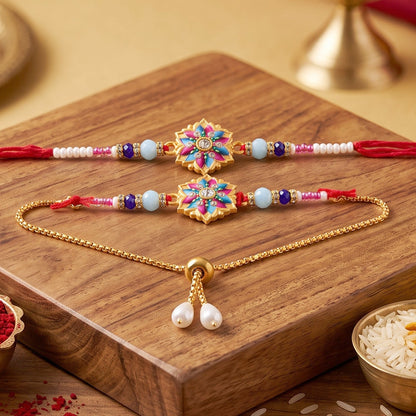 Premium Lumba Bhabhi Rakhi with Floral Beads Festive Pair Set