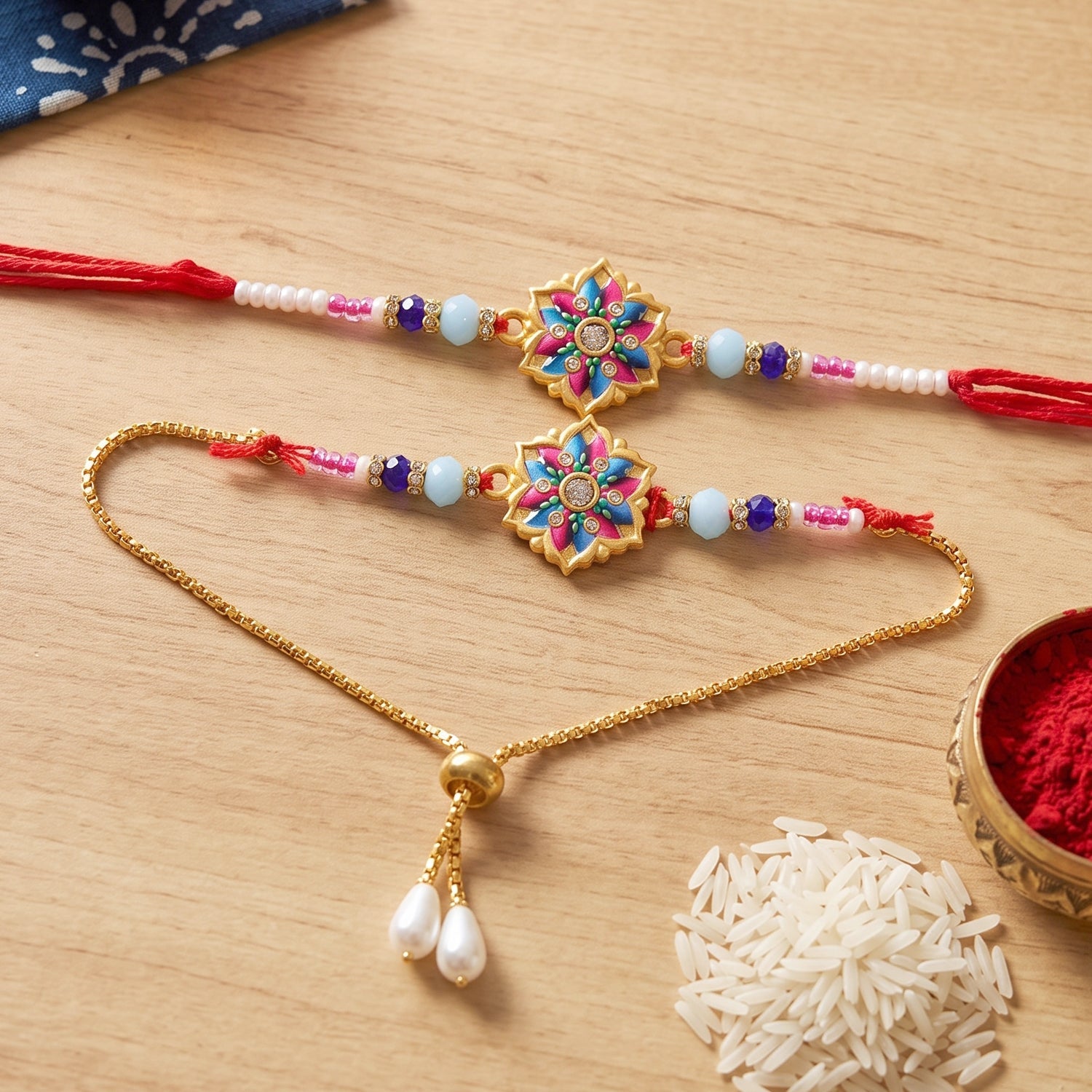 Premium Lumba Bhabhi Rakhi with Floral Beads Festive Pair Set