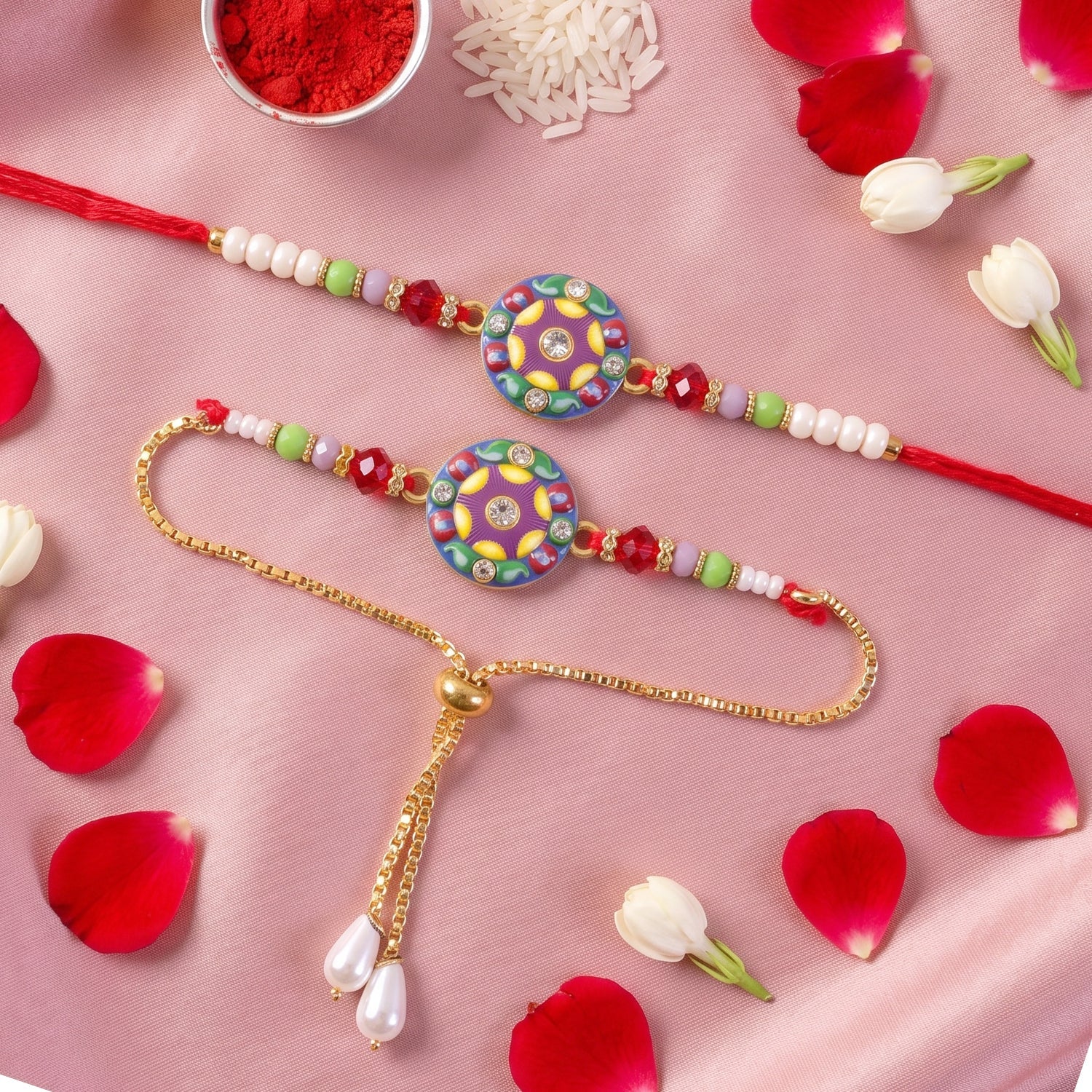 Premium Lumba Bhabhi Rakhi with Round Stone Traditional Pair Set