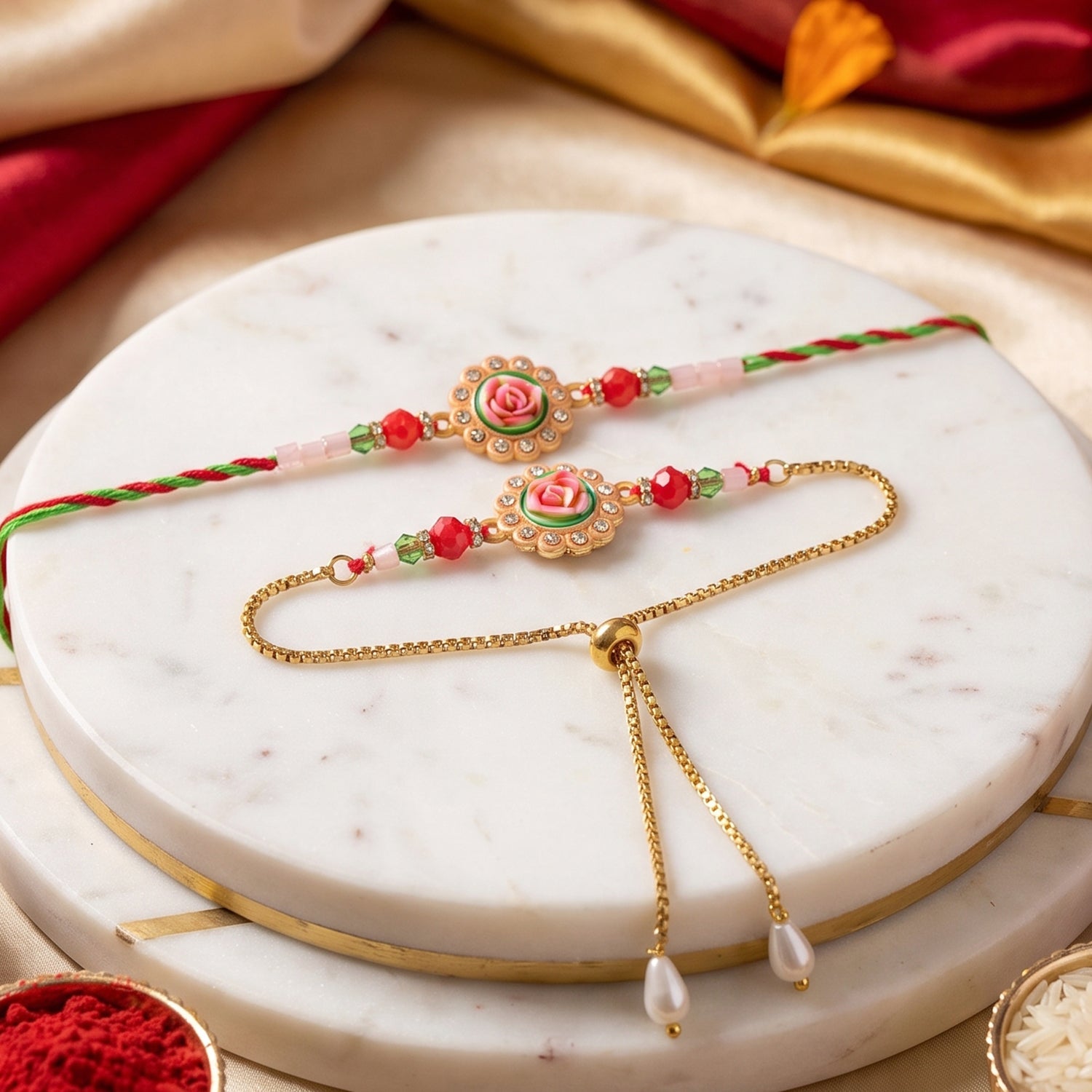 Premium Lumba Bhabhi Rakhi with Floral Pearl Festive Pair Set