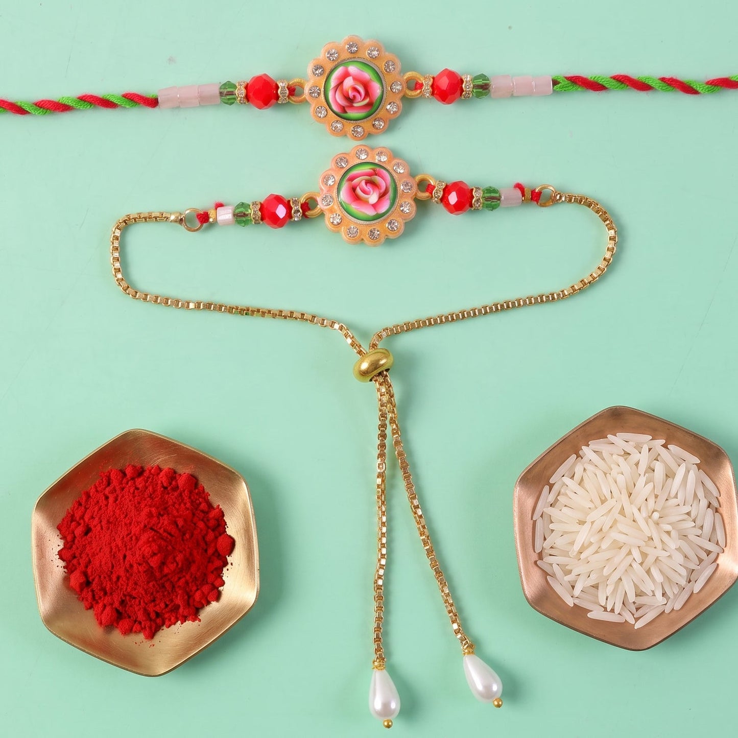 Premium Lumba Bhabhi Rakhi with Floral Pearl Festive Pair Set